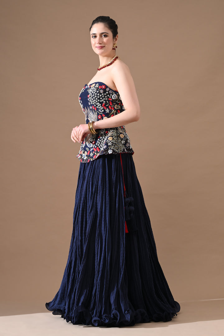 Midnight Blue Floral Embroidered Corset With Skirt