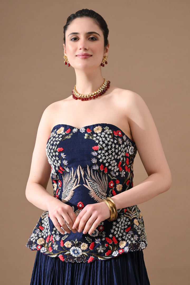 Midnight Blue Floral Embroidered Corset With Skirt