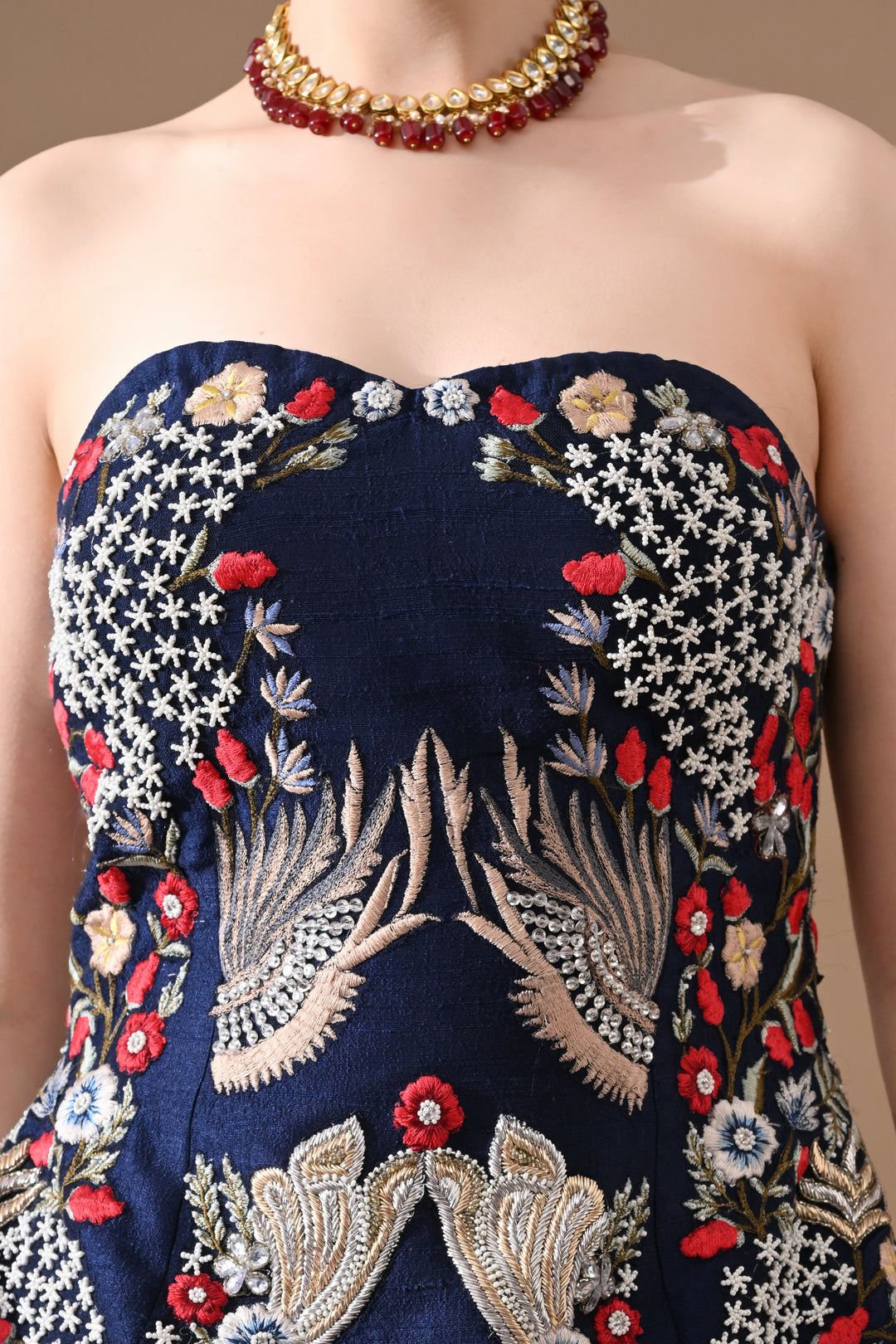 Midnight Blue Floral Embroidered Corset With Skirt