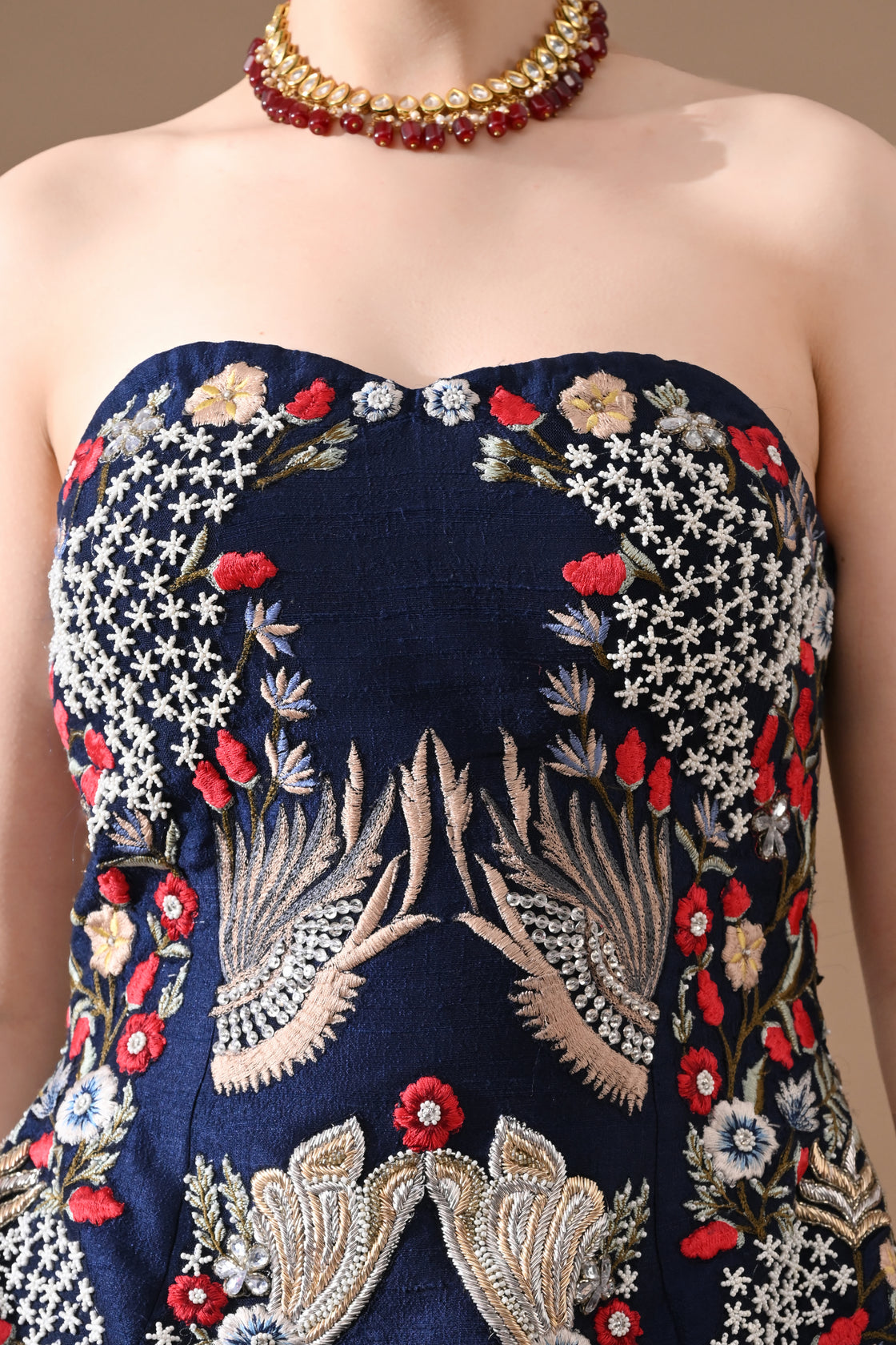 Midnight Blue Floral Embroidered Corset with skirt