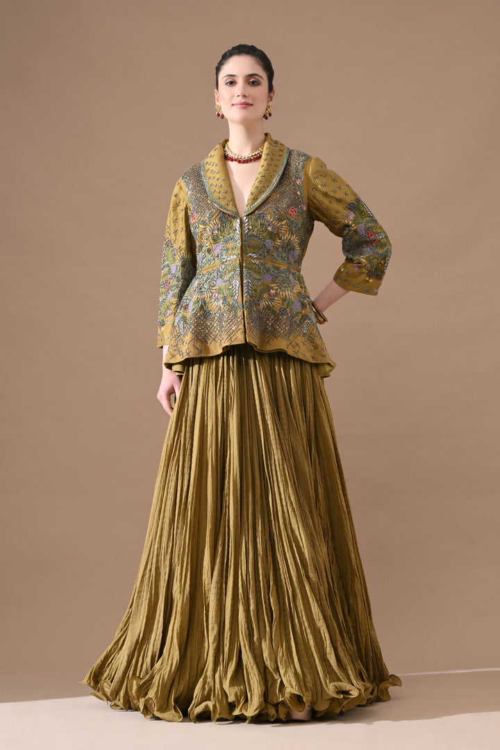 A Olive Green Jacket Features Intricate All-Over Embroidery With Skirt