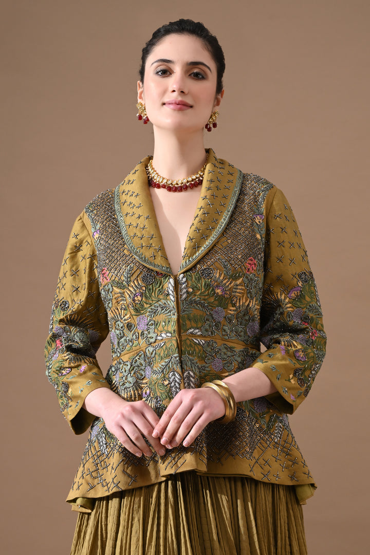 A Olive Green Jacket Features Intricate All-Over Embroidery With Skirt