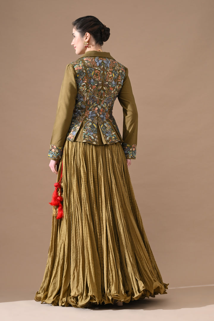 A Olive Green Jacket Features Intricate All-Over Embroidery With Skirt