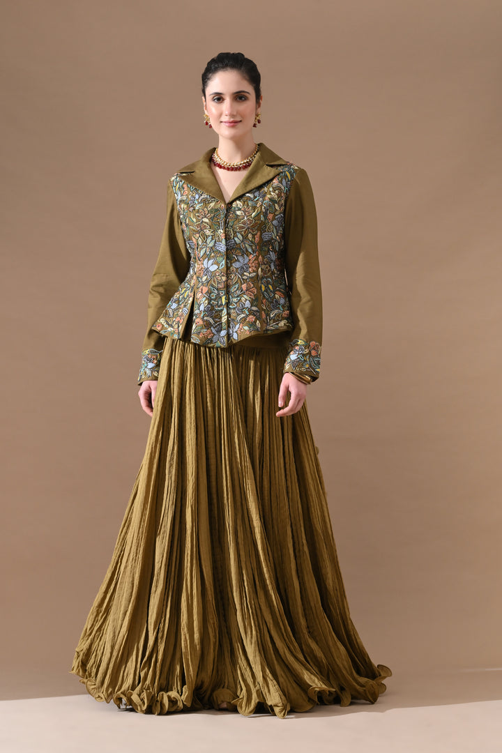 A Olive Green Jacket Features Intricate All-Over Embroidery With Skirt