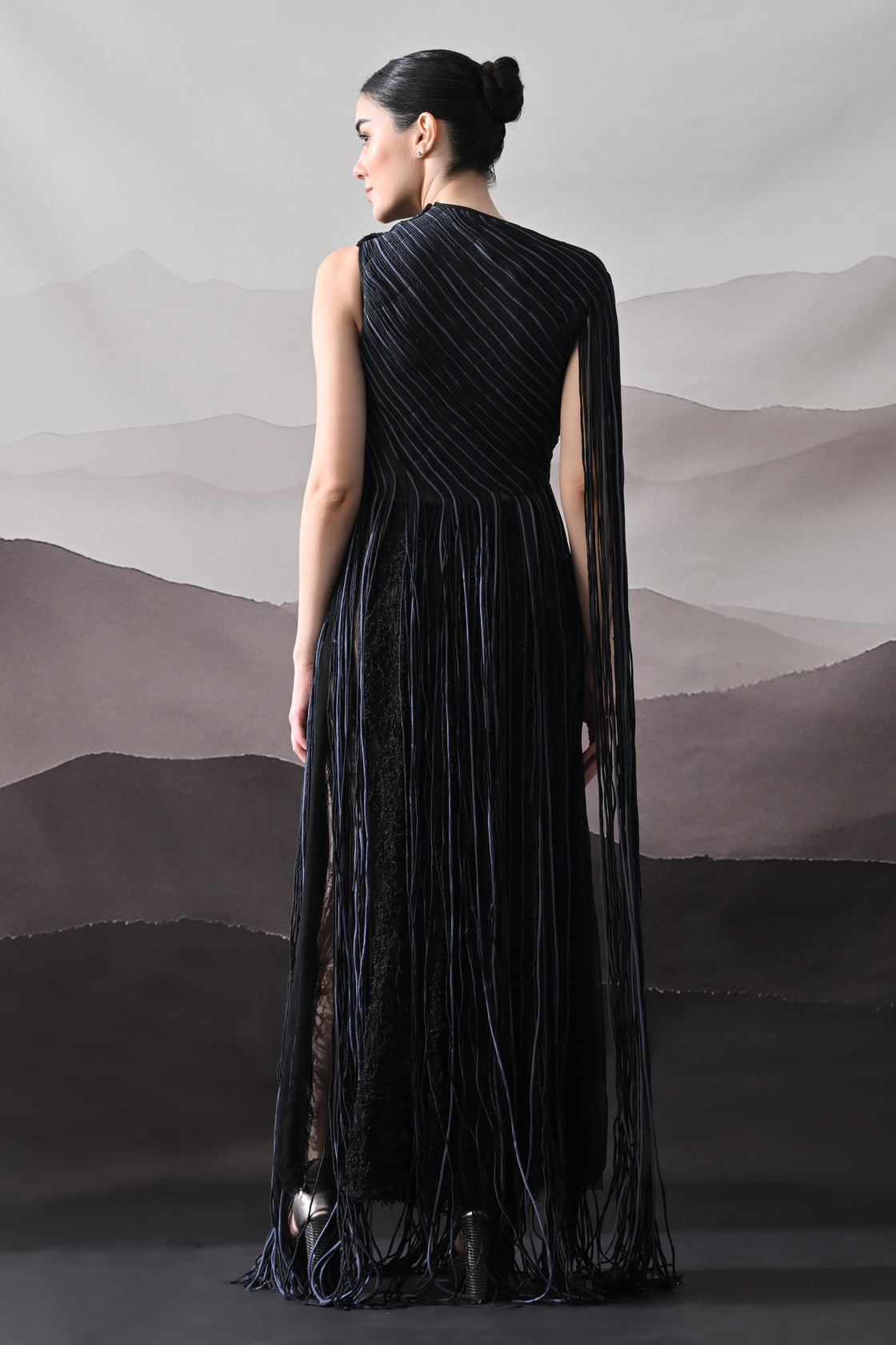 Black Gown with Flowing Linear Texture