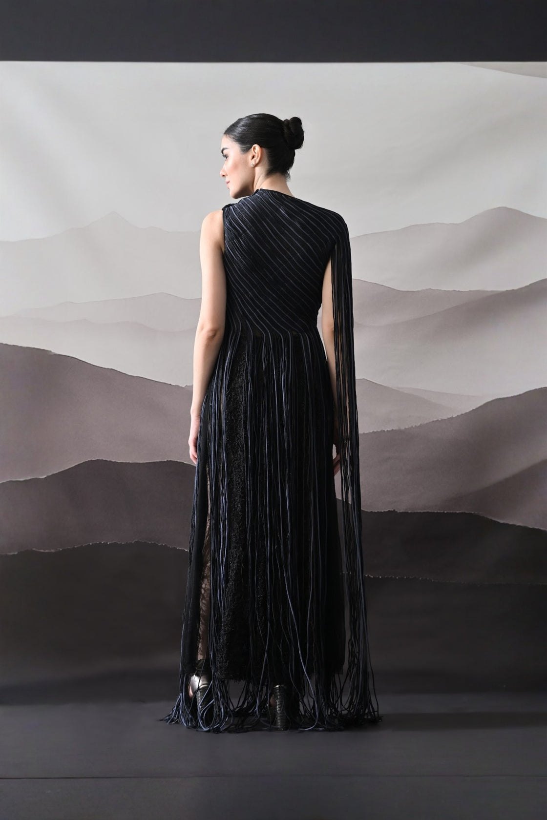 Black Gown With Flowing Linear Texture