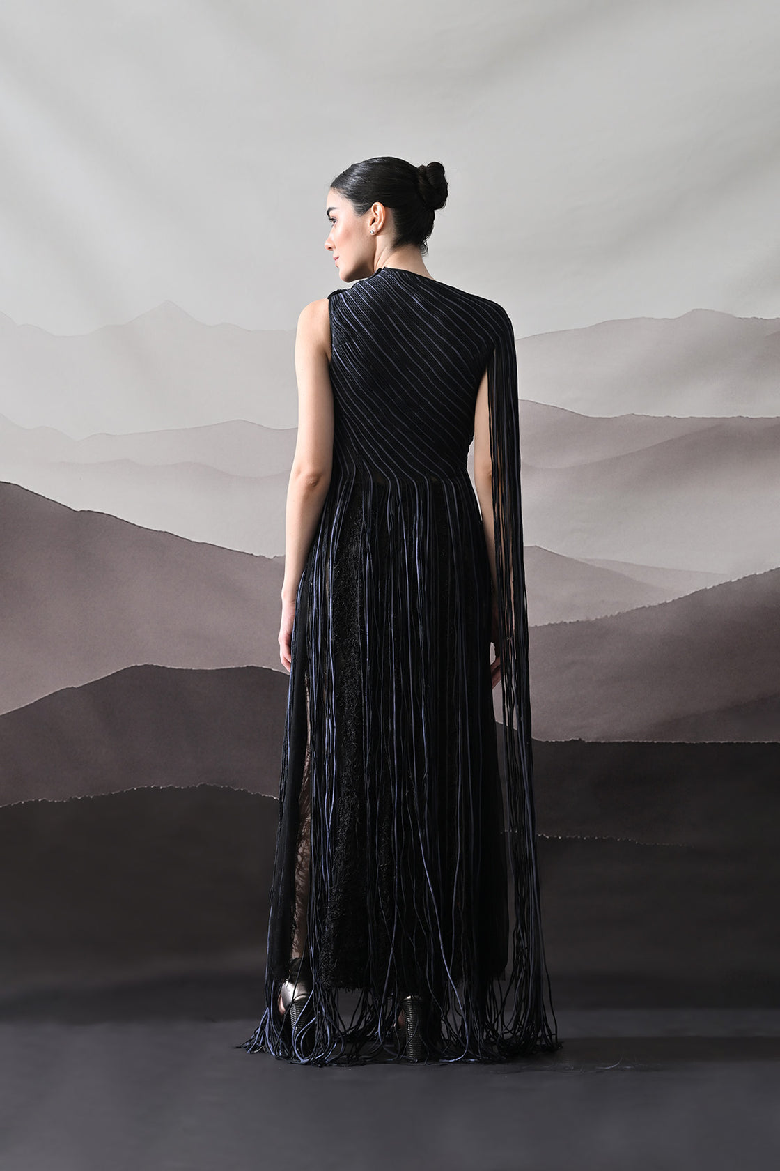 Black Gown With Flowing Linear Texture
