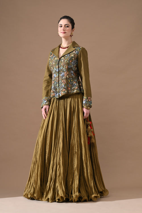 A olive green jacket features intricate all-over embroidery with skirt