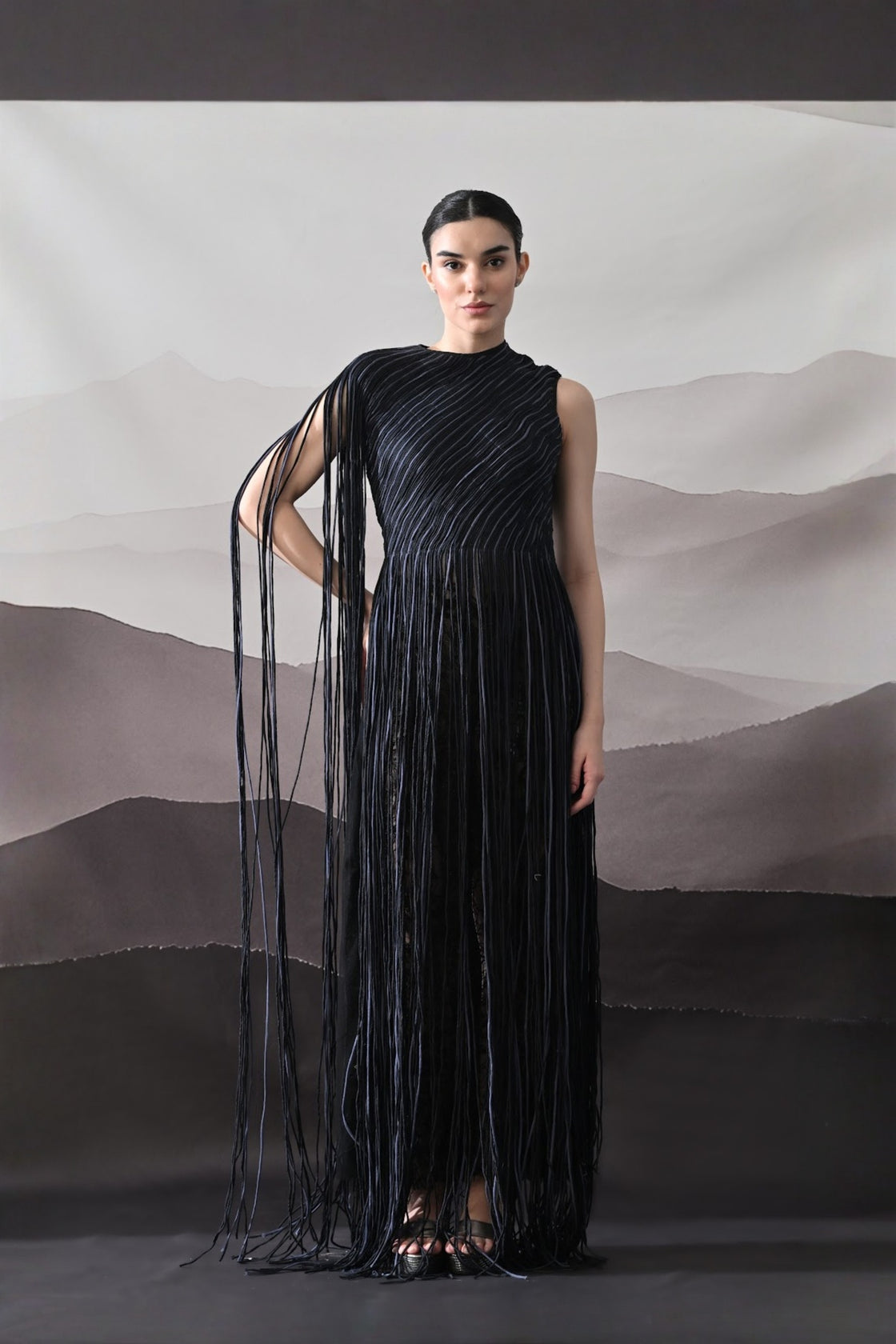 Black Gown With Flowing Linear Texture