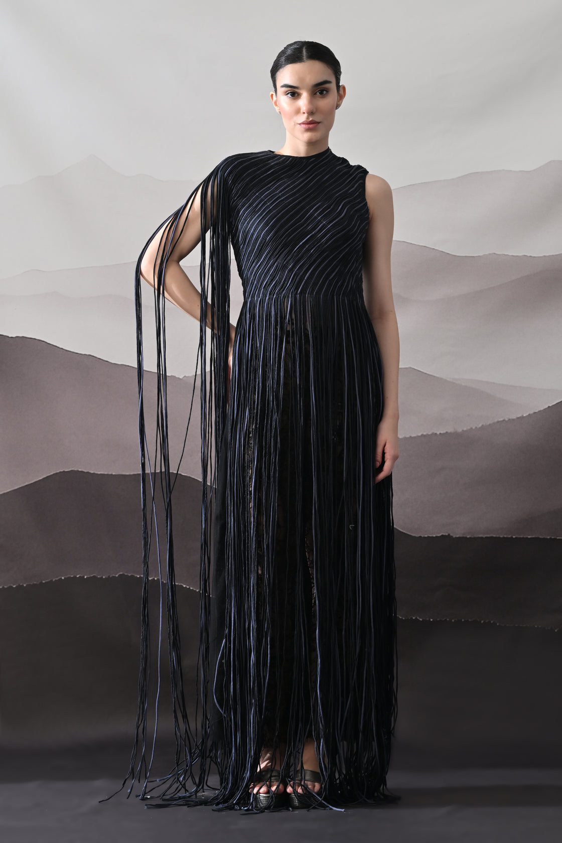 Black Gown with Flowing Linear Texture