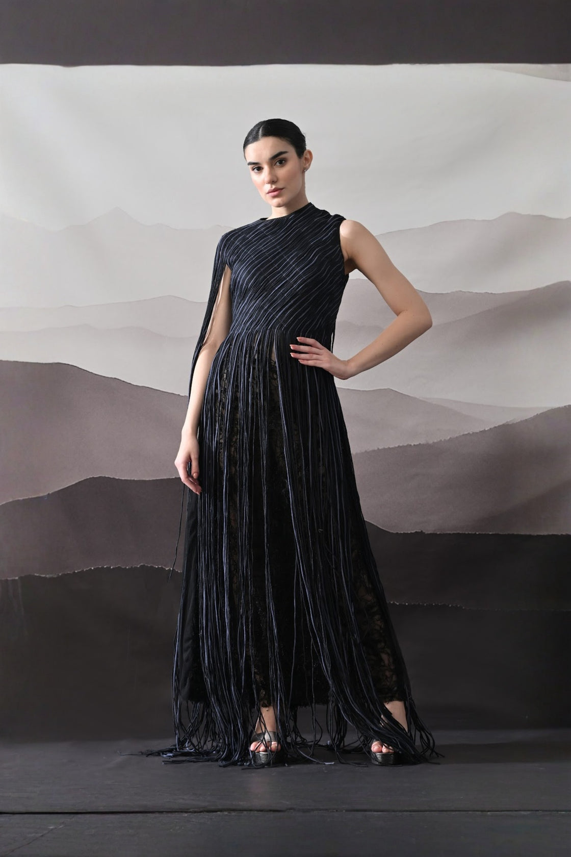 Black Gown With Flowing Linear Texture