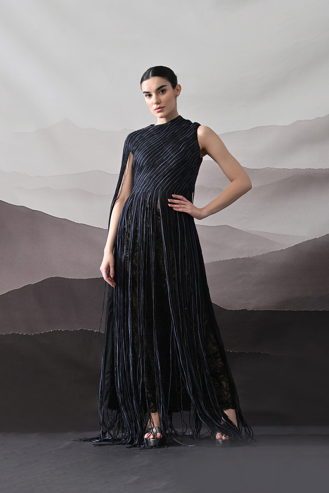 Black Gown With Flowing Linear Texture