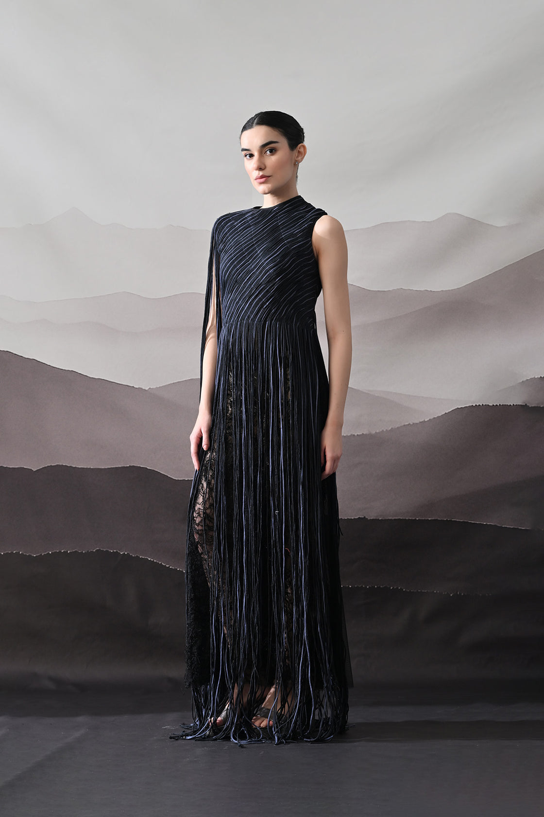 Black Gown With Flowing Linear Texture