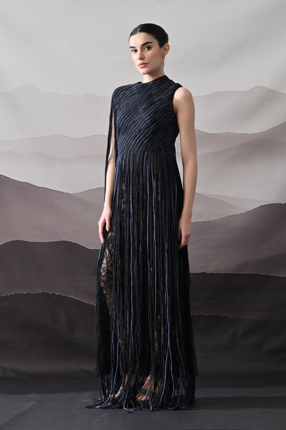 Black Gown with Flowing Linear Texture