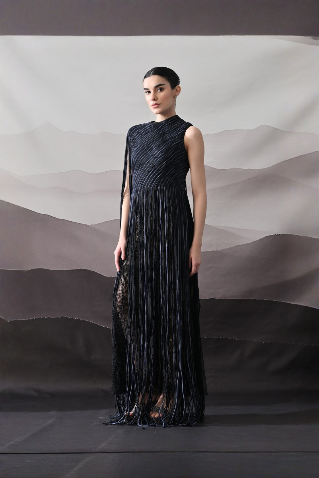 Black Gown With Flowing Linear Texture