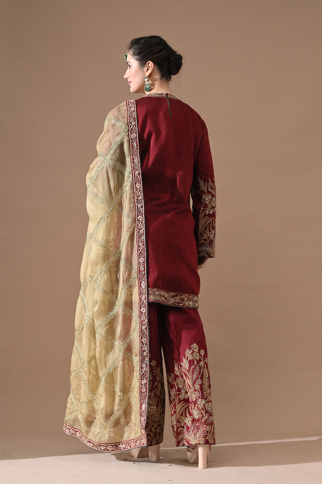Wine Antique Gold Embroidered Suit