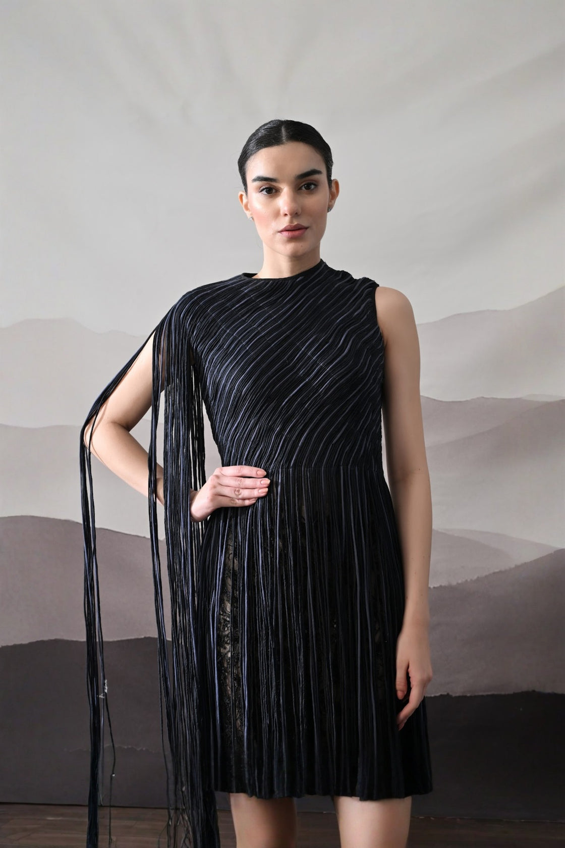 Black Gown With Flowing Linear Texture