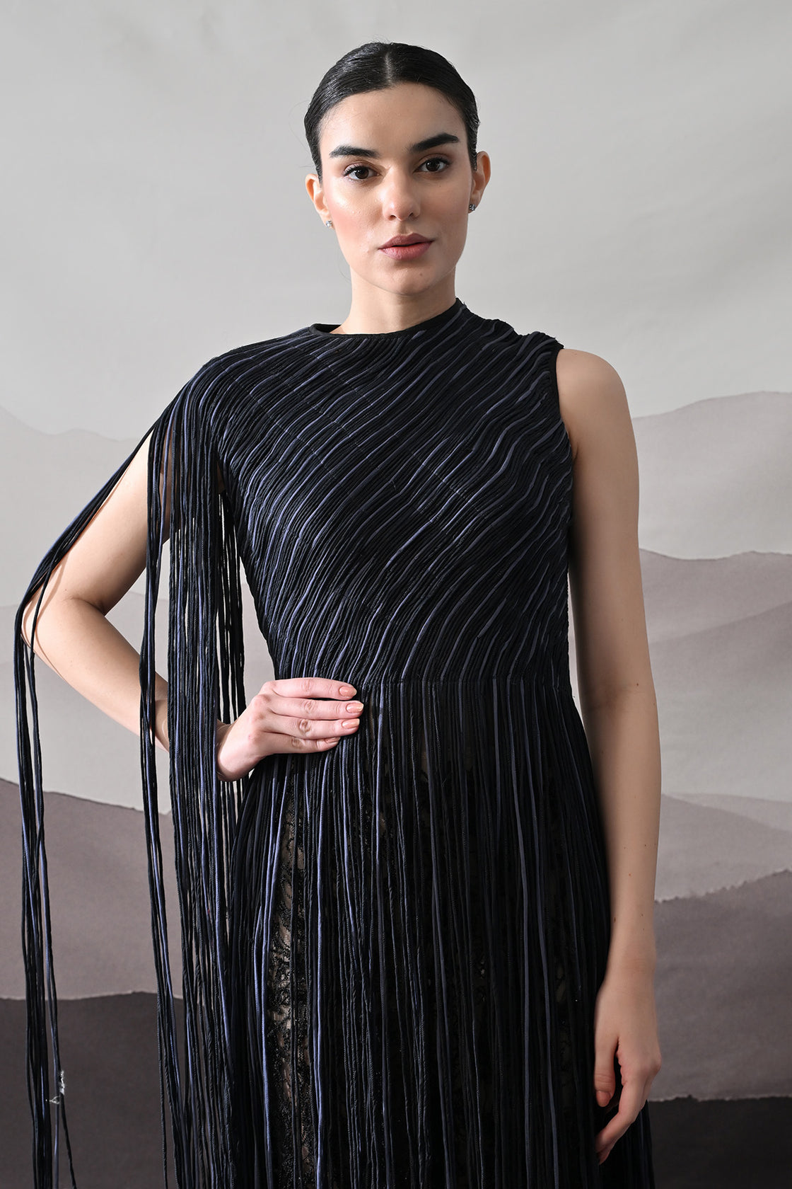 Black Gown With Flowing Linear Texture