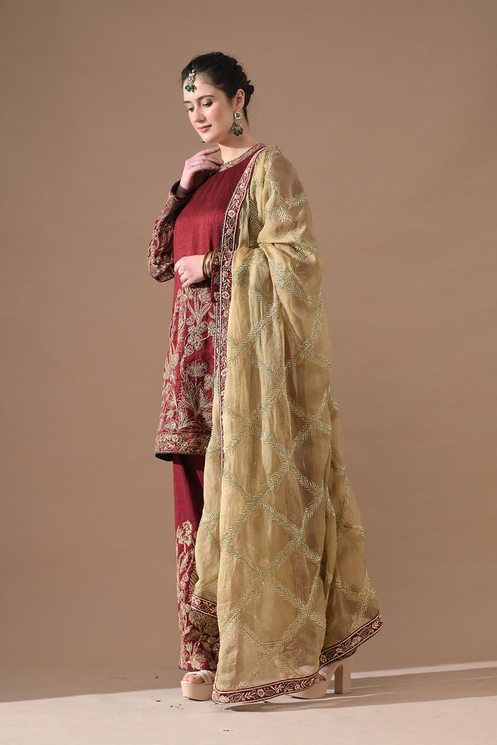 Wine Antique Gold Embroidered Suit