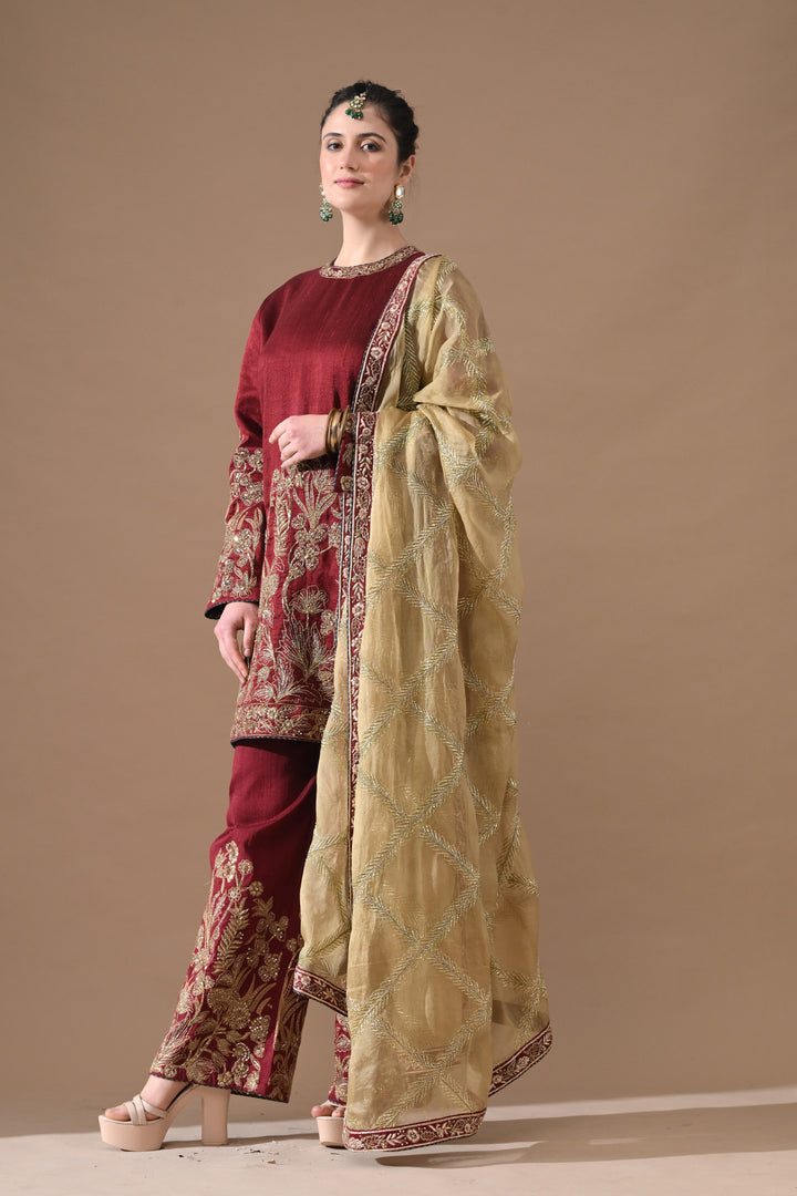 Wine Antique Gold Embroidered Suit