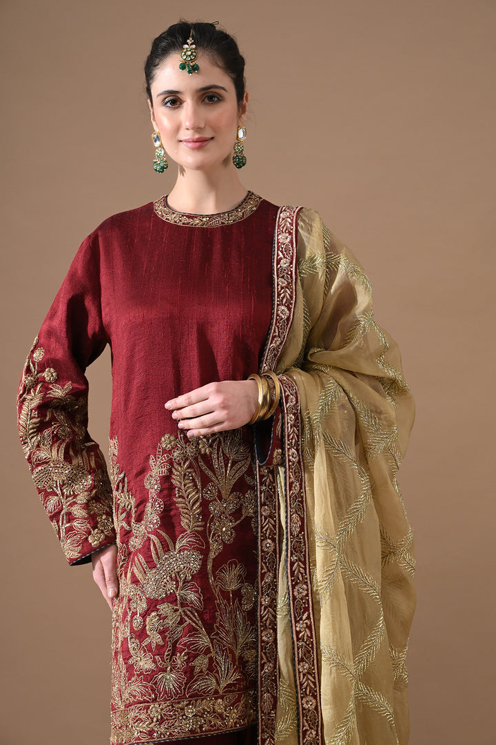 Wine Antique Gold Embroidered Suit