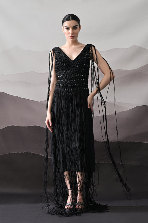 Black Gown with Artisanal Weave and Fringe Detailing