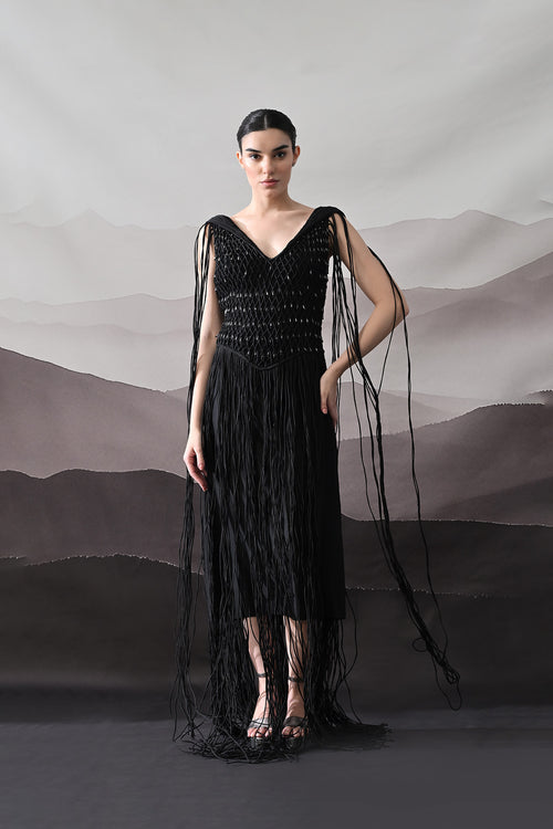 Black Gown With Artisanal Weave And Fringe Detailing