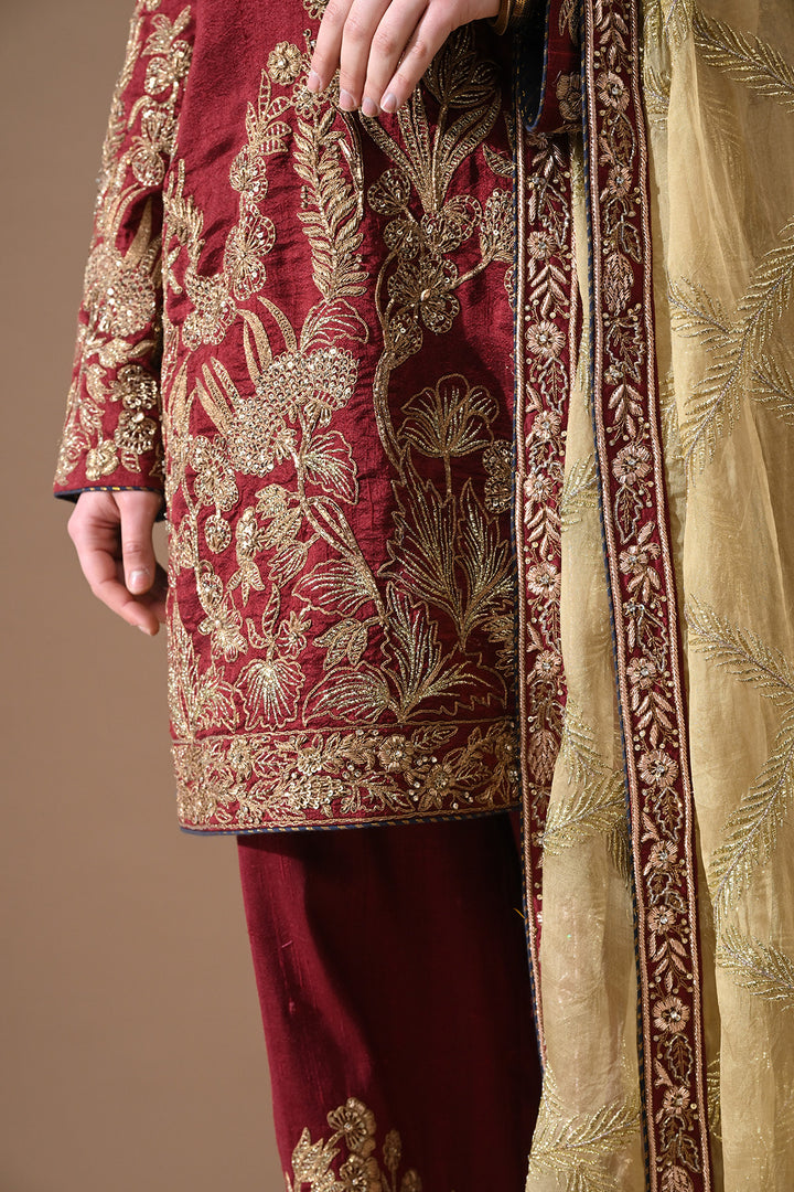 Wine Antique Gold Embroidered Suit
