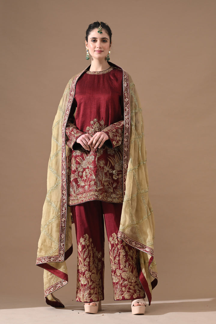 Wine Antique Gold Embroidered Suit