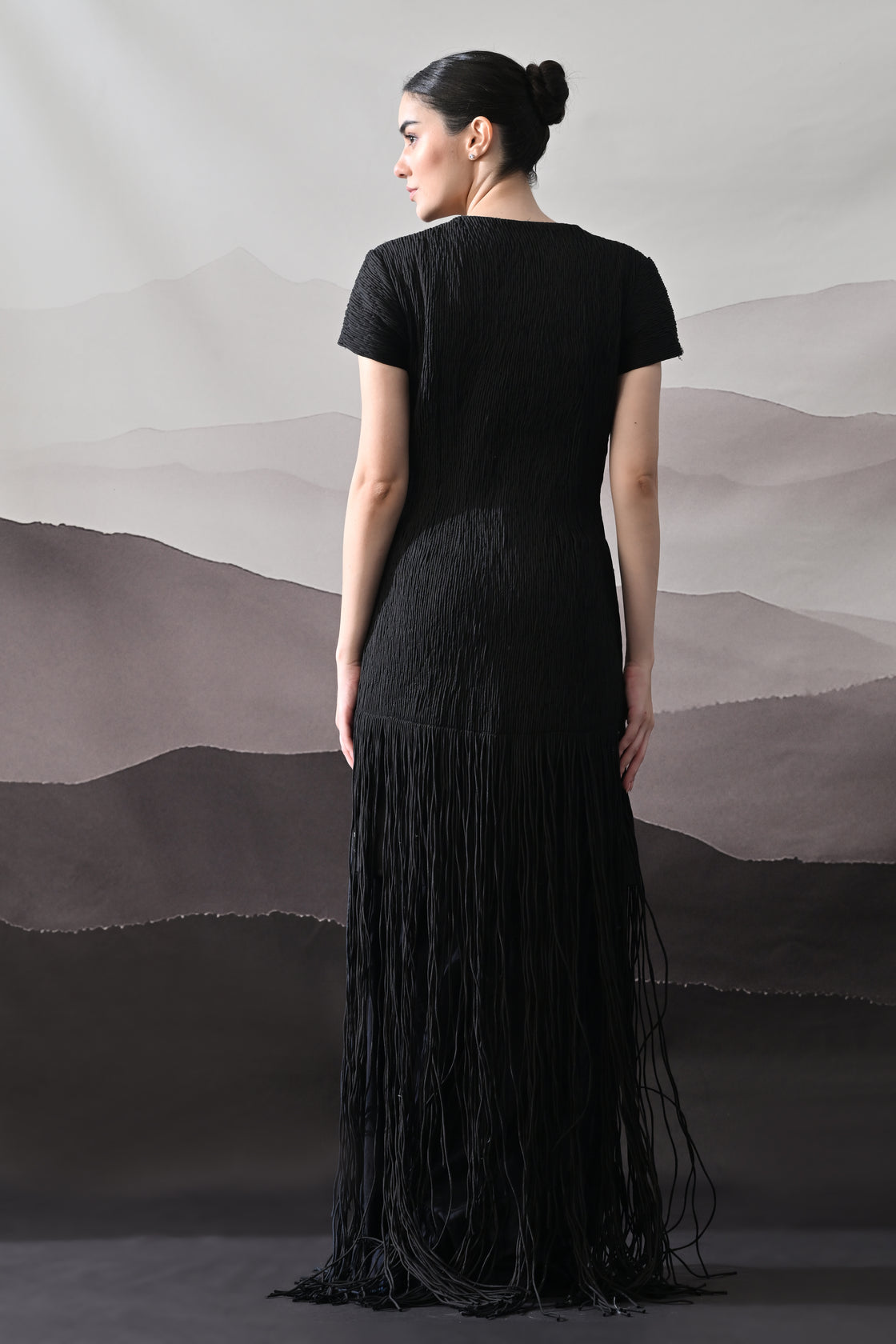 Black V-Neck Gown with Linear Texture and Fringe