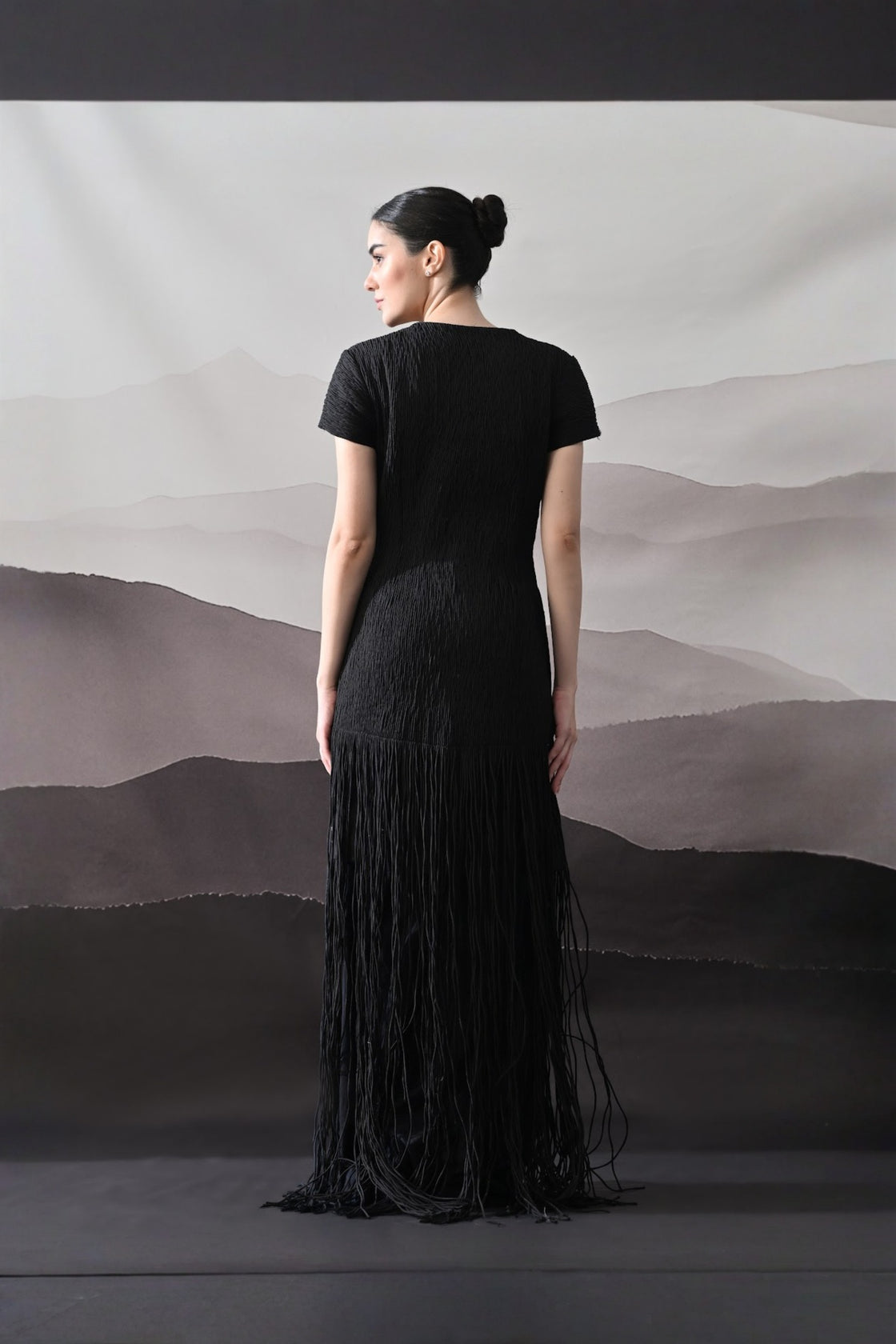 Black V-Neck Gown With Linear Texture And Fringe