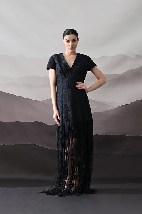Black V-Neck Gown With Linear Texture And Fringe