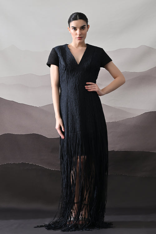 Black V-Neck Gown with Linear Texture and Fringe