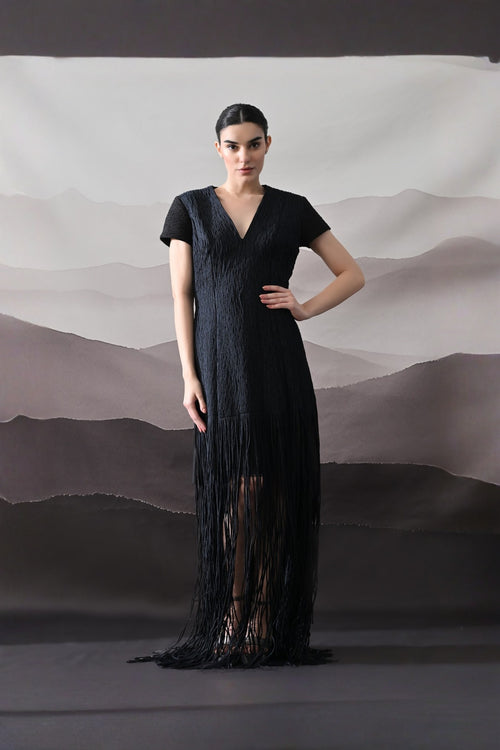 Black V-Neck Gown With Linear Texture And Fringe