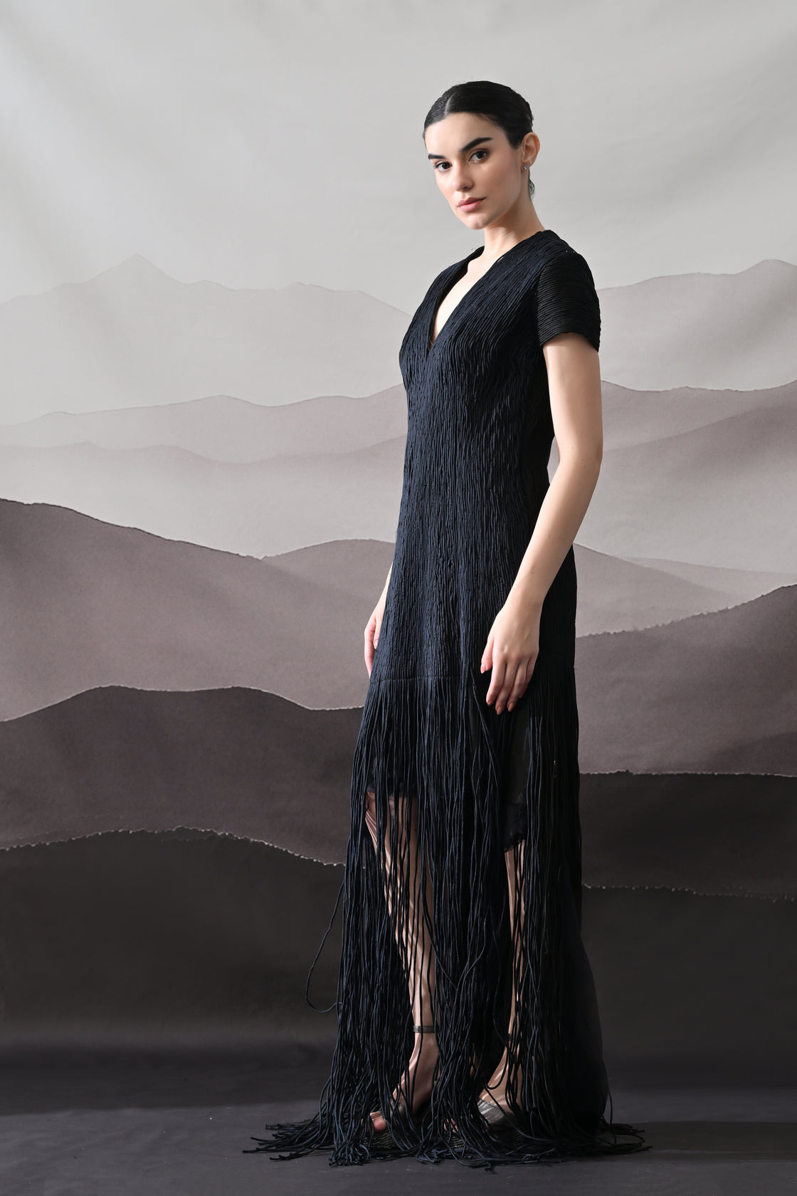 Black V-Neck Gown with Linear Texture and Fringe