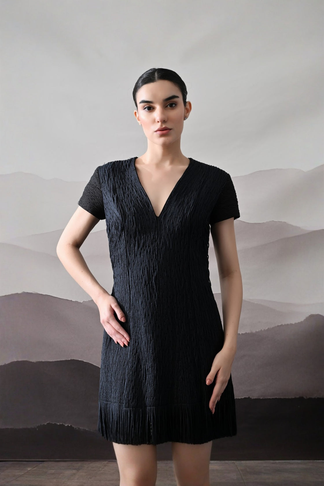 Black V-Neck Gown With Linear Texture And Fringe