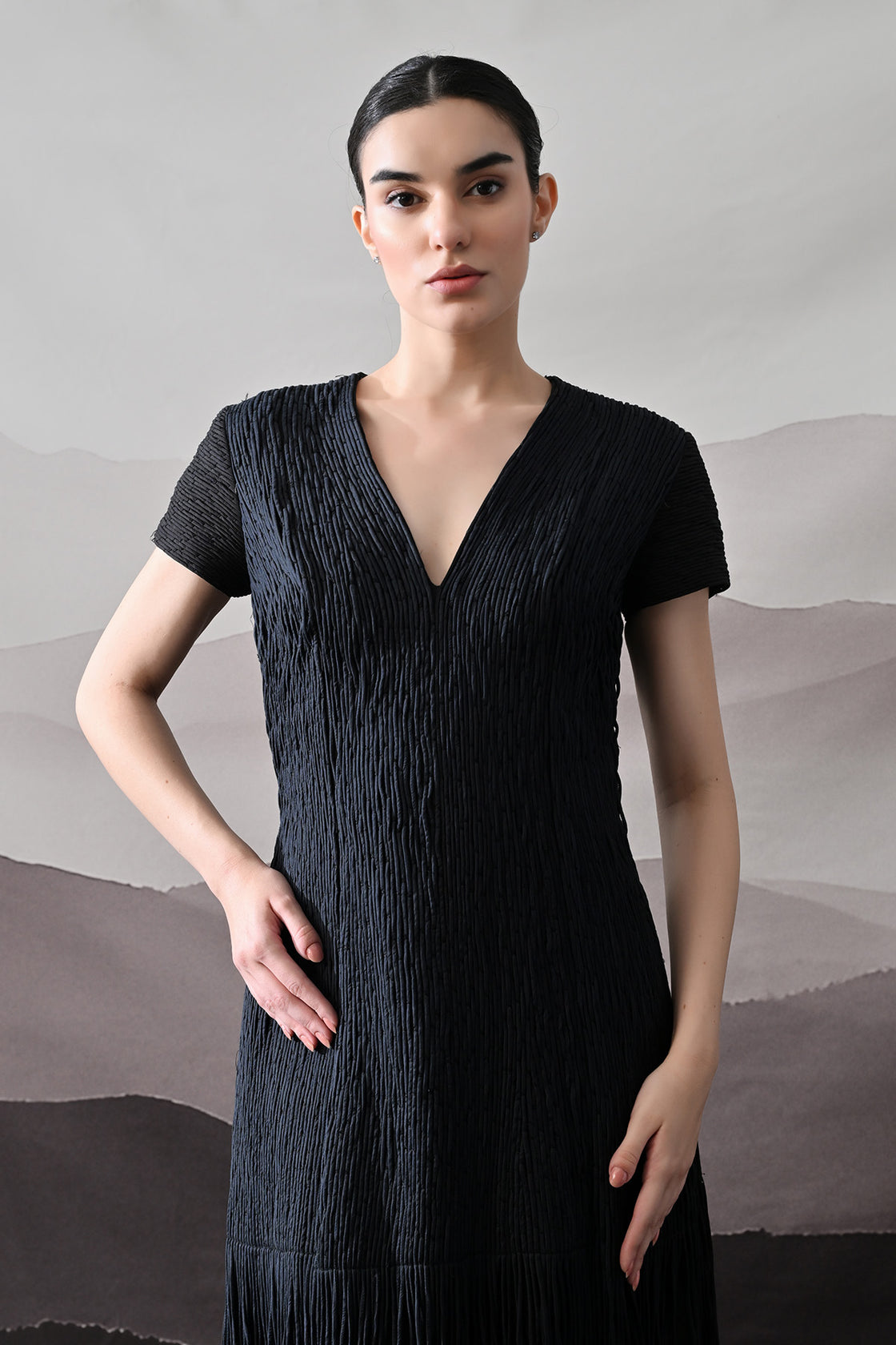 Black V-Neck Gown With Linear Texture And Fringe