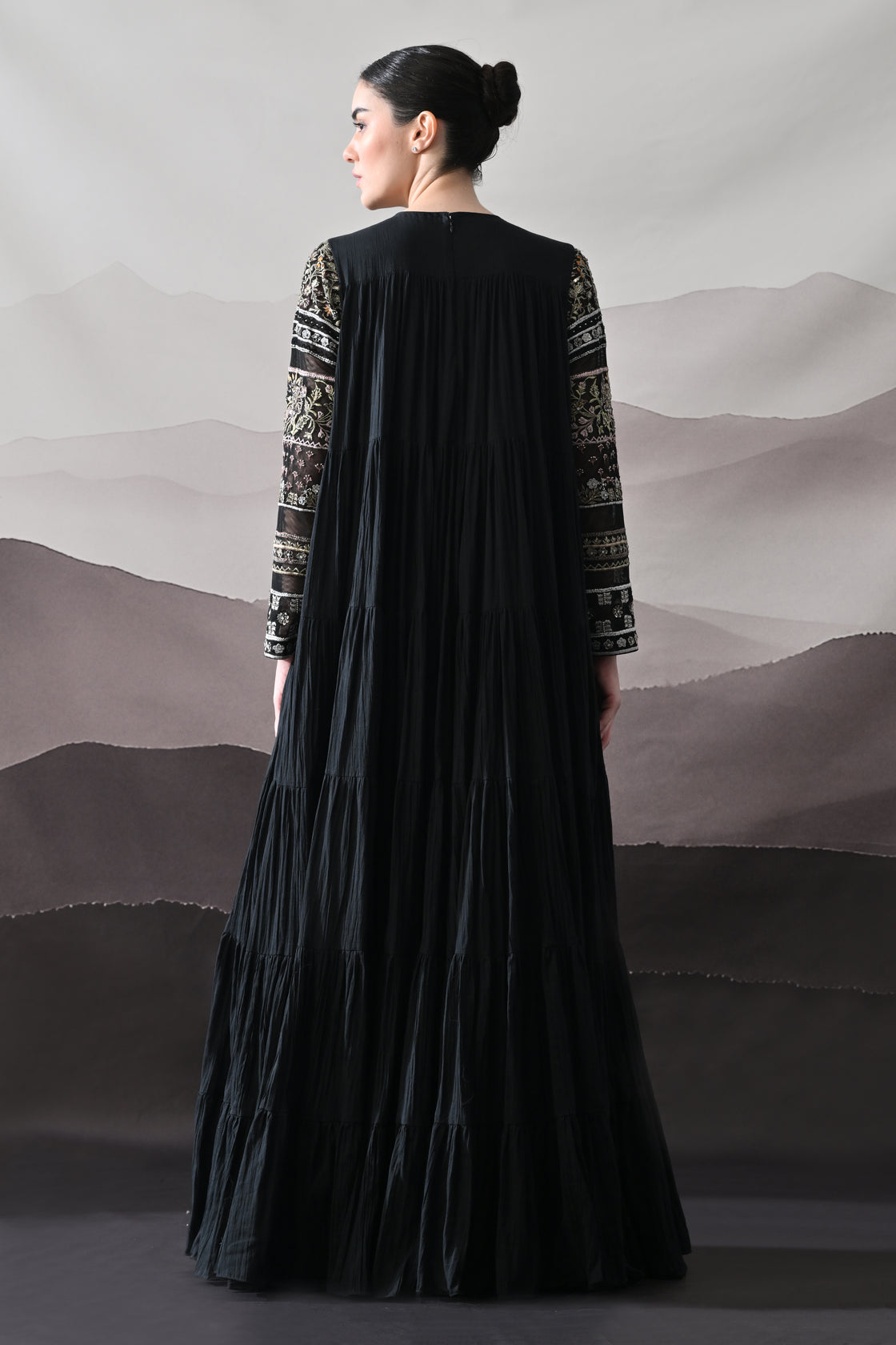 Black Artisanal Embroidered Gown with Panelled Overlay