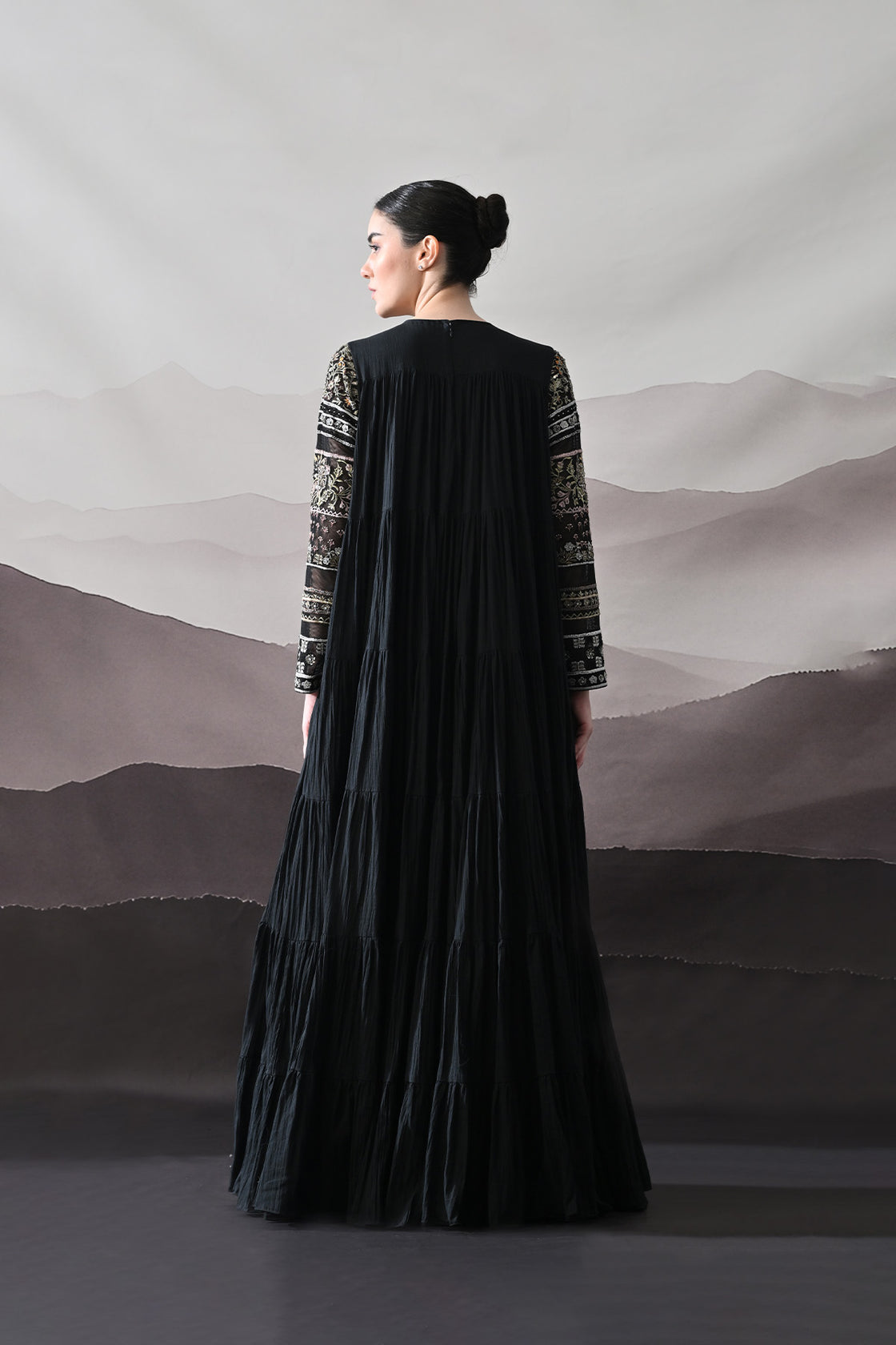 Black Artisanal Embroidered Gown With Panelled Overlay