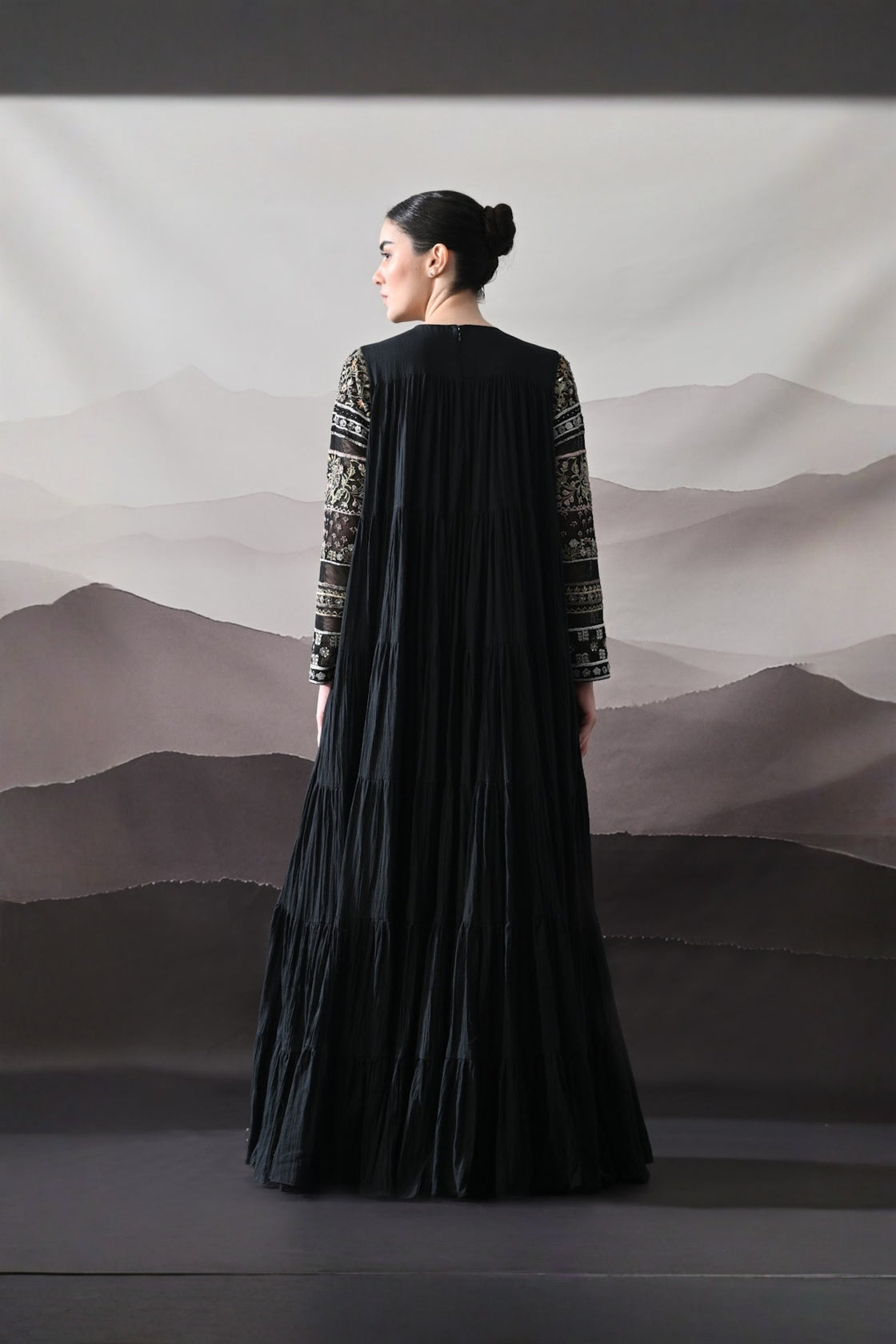 Black Artisanal Embroidered Gown With Panelled Overlay
