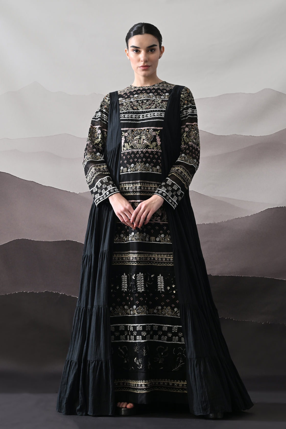 Black Artisanal Embroidered Gown with Panelled Overlay