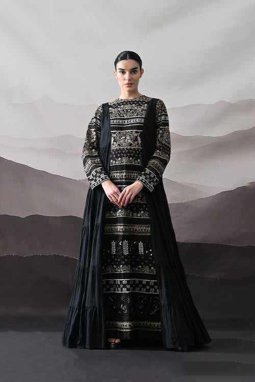 Black Artisanal Embroidered Gown With Panelled Overlay