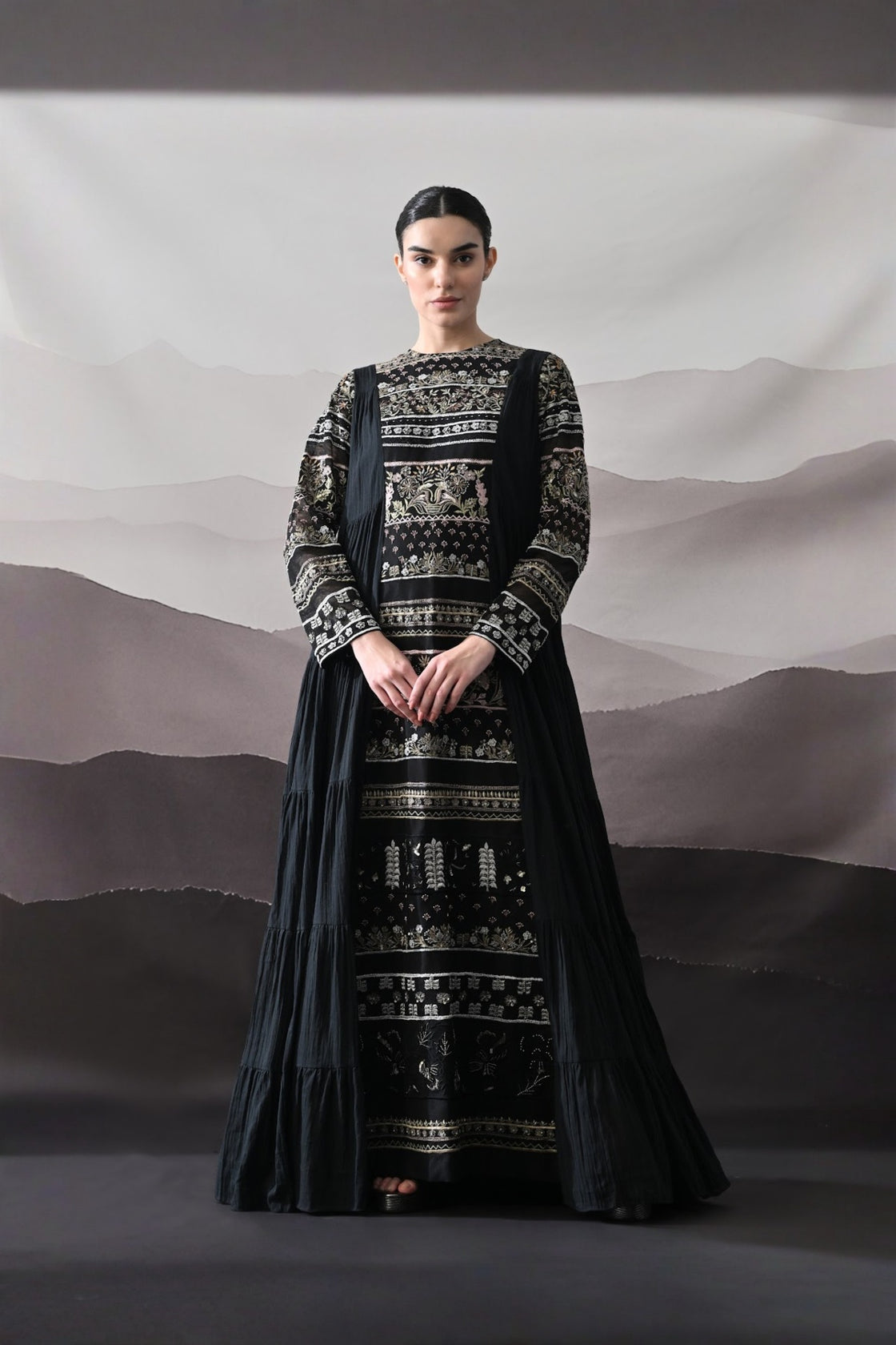 Black Artisanal Embroidered Gown With Panelled Overlay