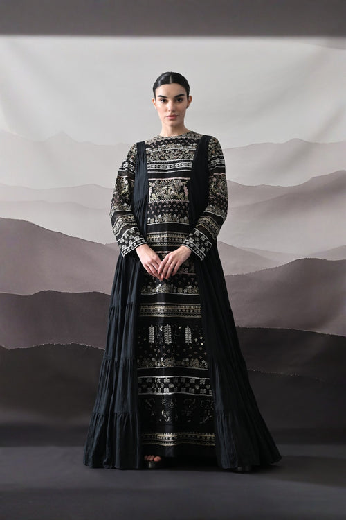 Black Artisanal Embroidered Gown With Panelled Overlay