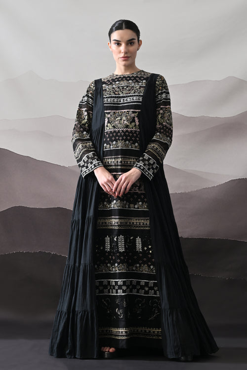 Black Artisanal Embroidered Gown with Panelled Overlay