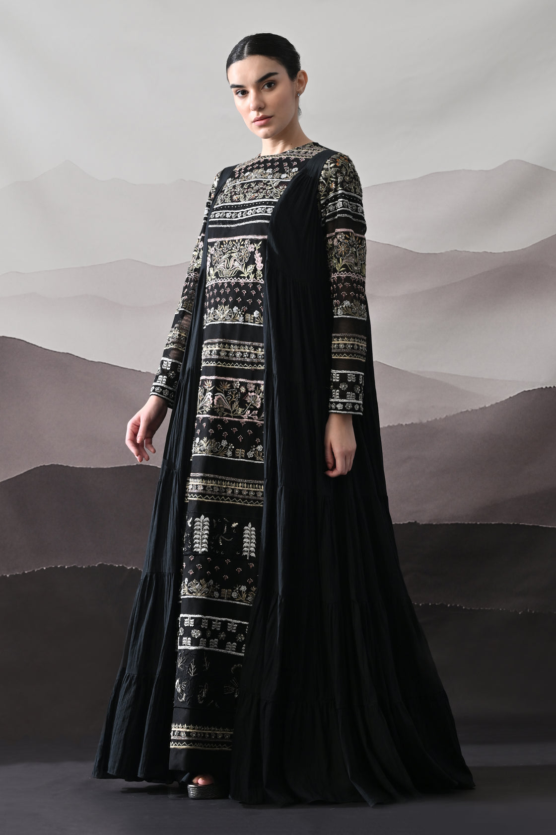 Black Artisanal Embroidered Gown with Panelled Overlay