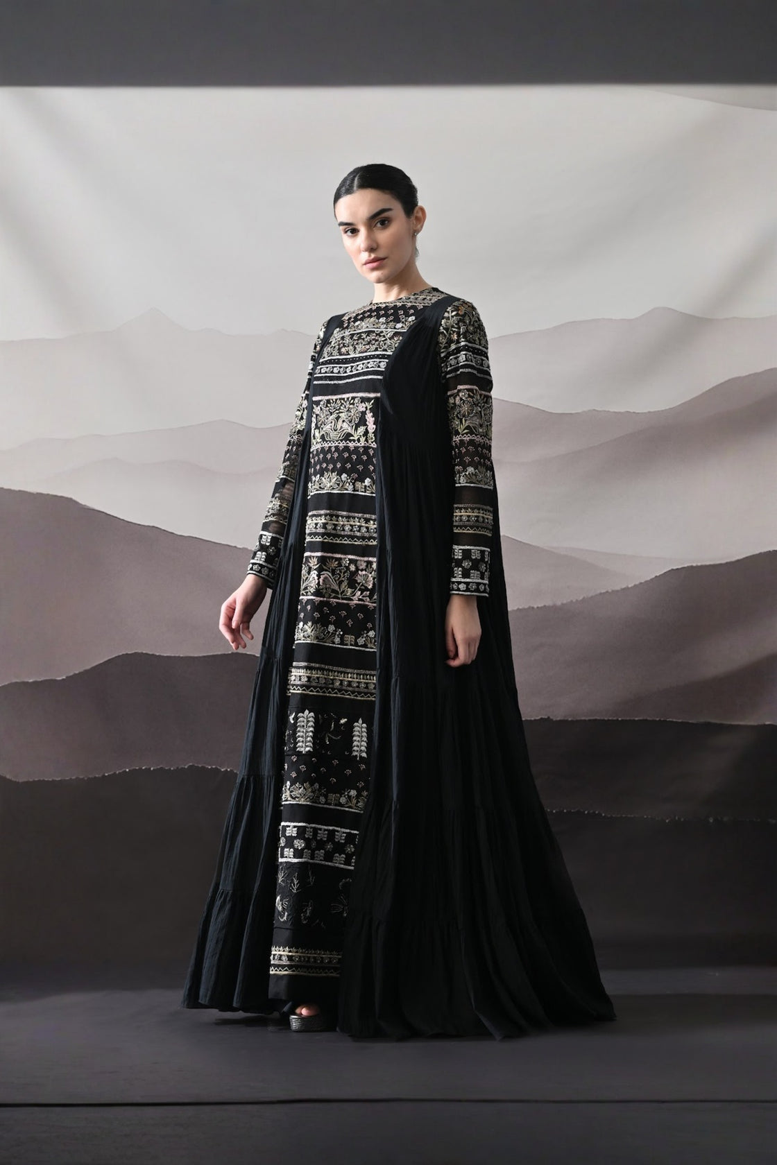 Black Artisanal Embroidered Gown With Panelled Overlay