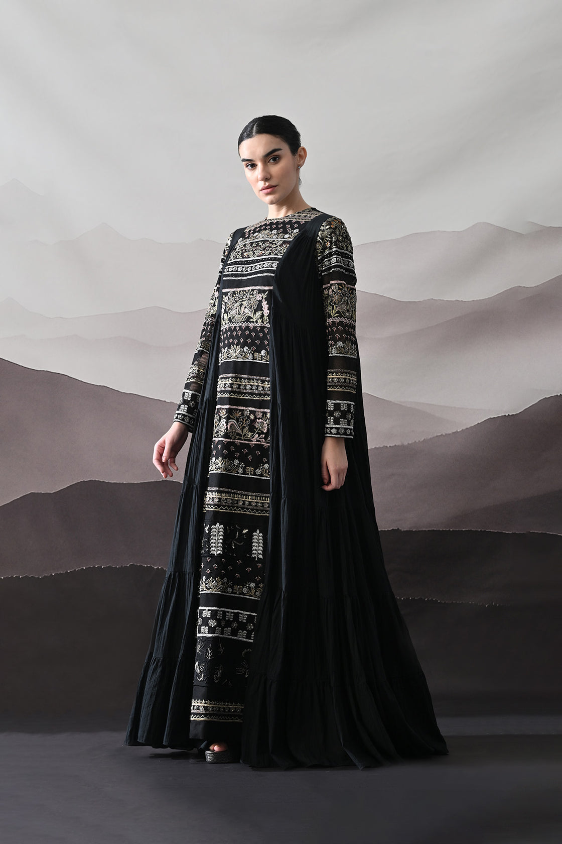Black Artisanal Embroidered Gown With Panelled Overlay