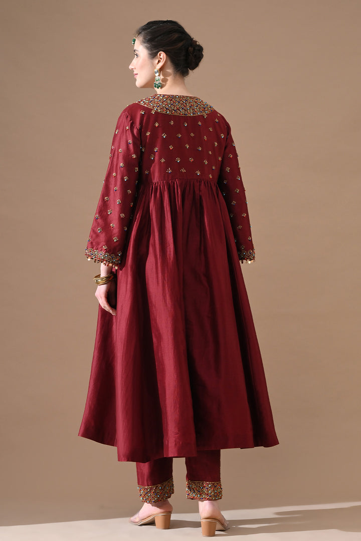 Deep Red Gold Embroidery Suit Set