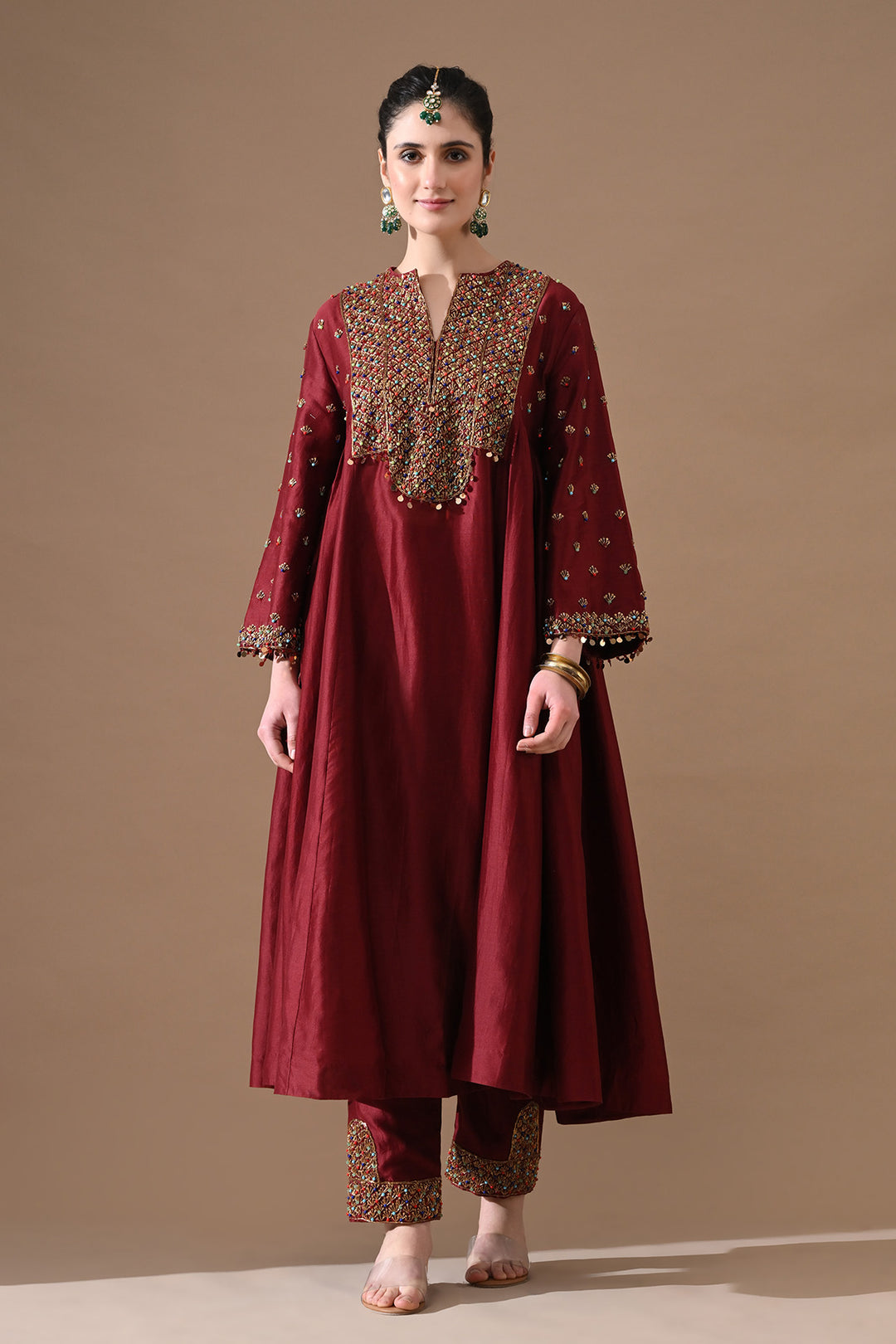 Deep Red Gold Embroidery Suit Set